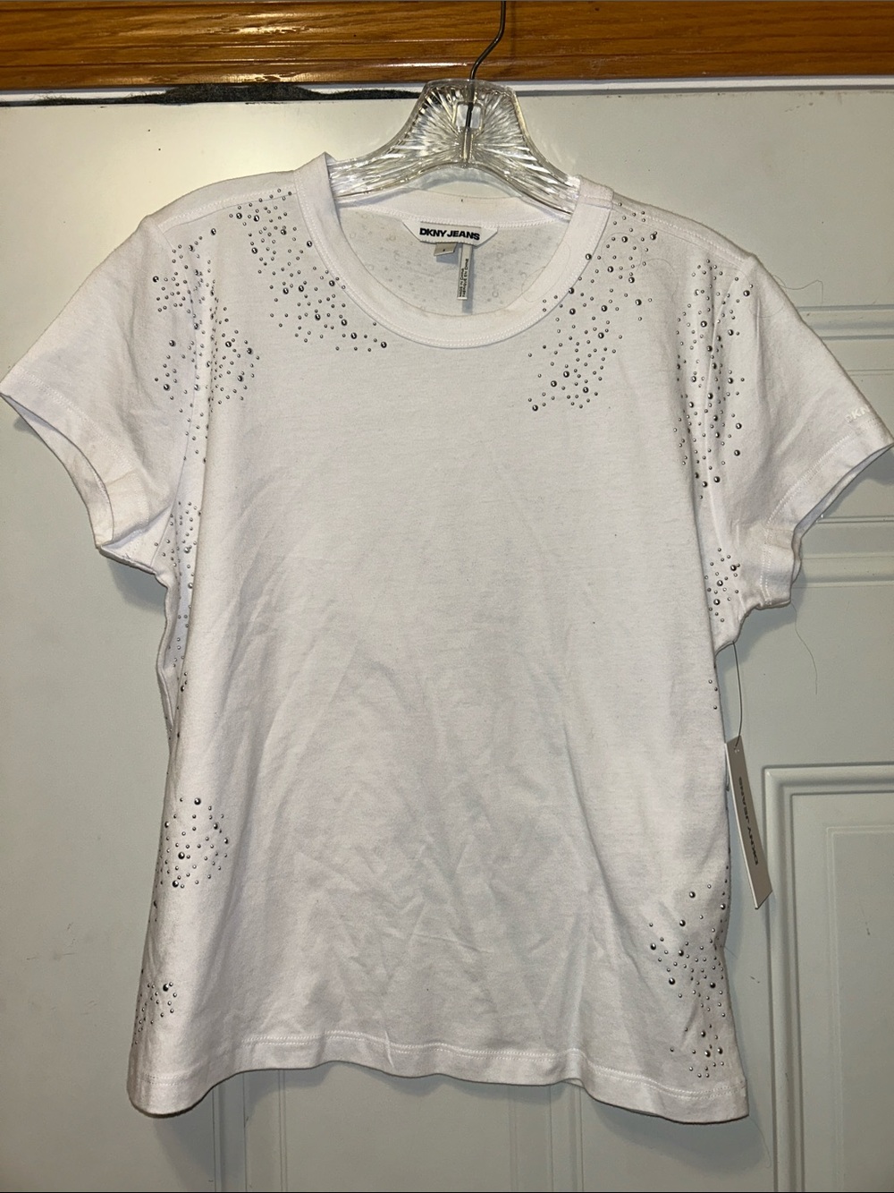 Dkny White Short‎ Sleeve Tee with Crystal Stud Accents S NWT